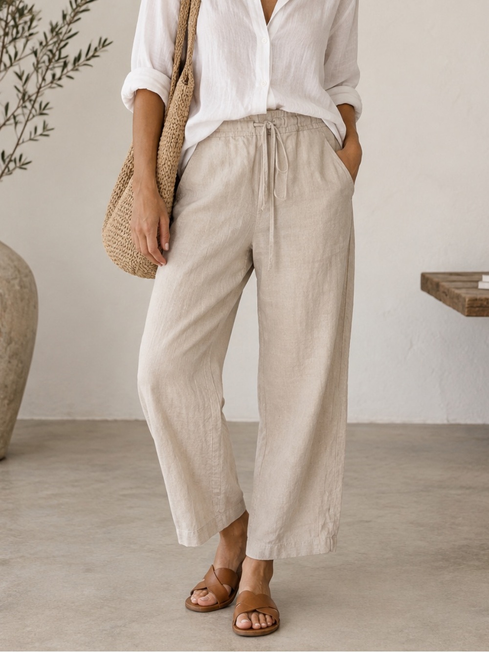 J. Jill Love Linen Light Beige Cropped Linen Drawstring Pants